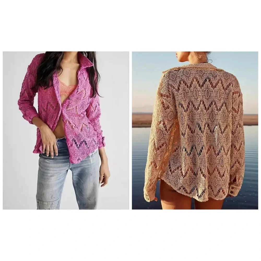 Free People NWOT Until Sundown Lace Button Down Shirt S - Picture 2 of 15
